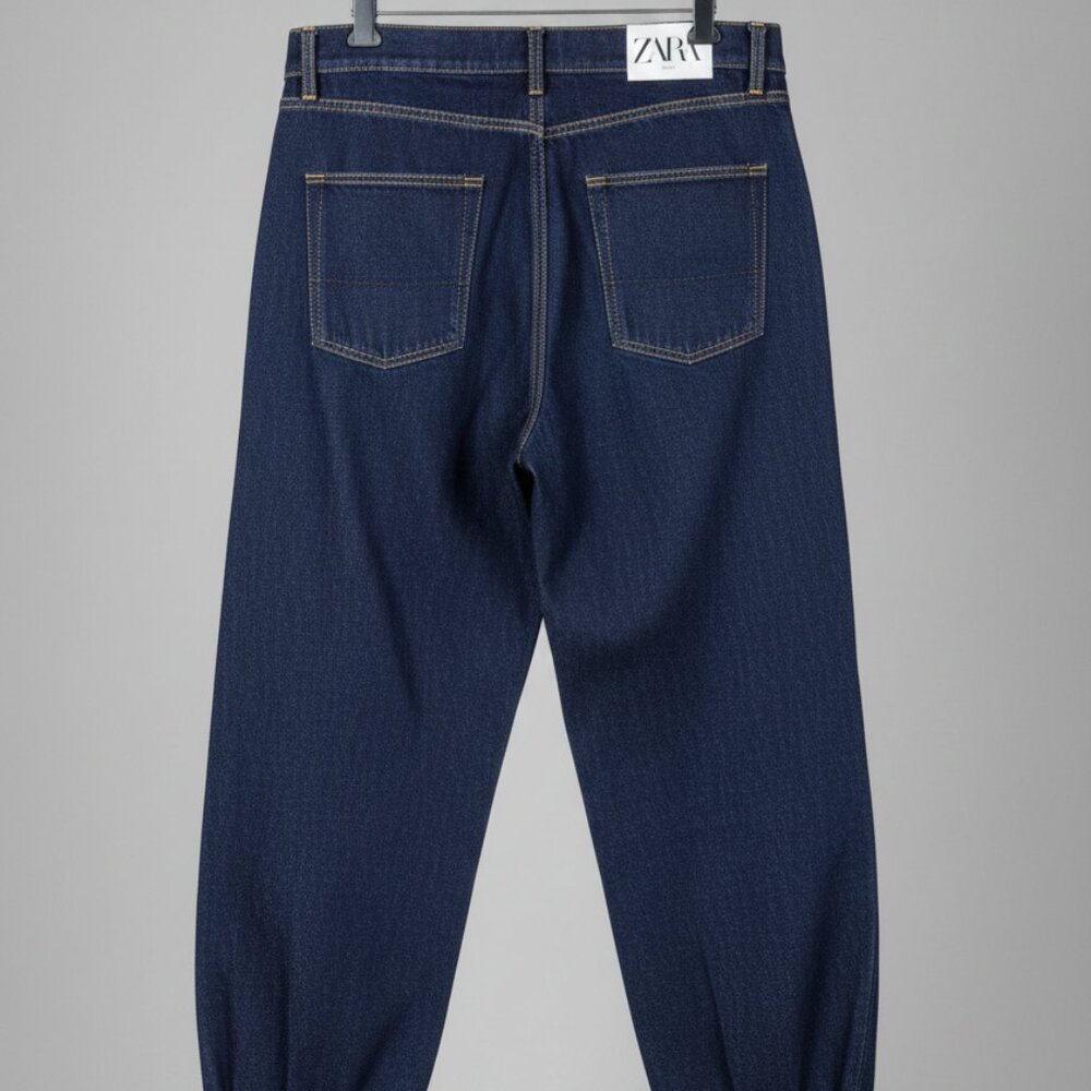 ZARA High Rise Tapered Denim Jogger Pants Dark Wash Pleated Ankle Cuff